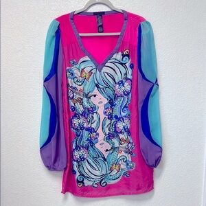 Custo Barcelona Pink Bishop Sleeve V-Neck Dress Silk Beaded Shift Dress